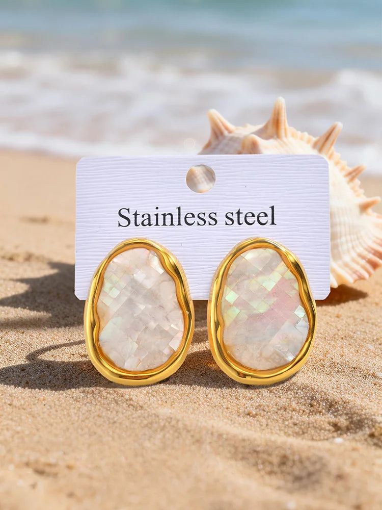 Mother of Pearl Gold Stud Earrings – Geometric Shell, Tarnish-Free Stud Earrings SPOT