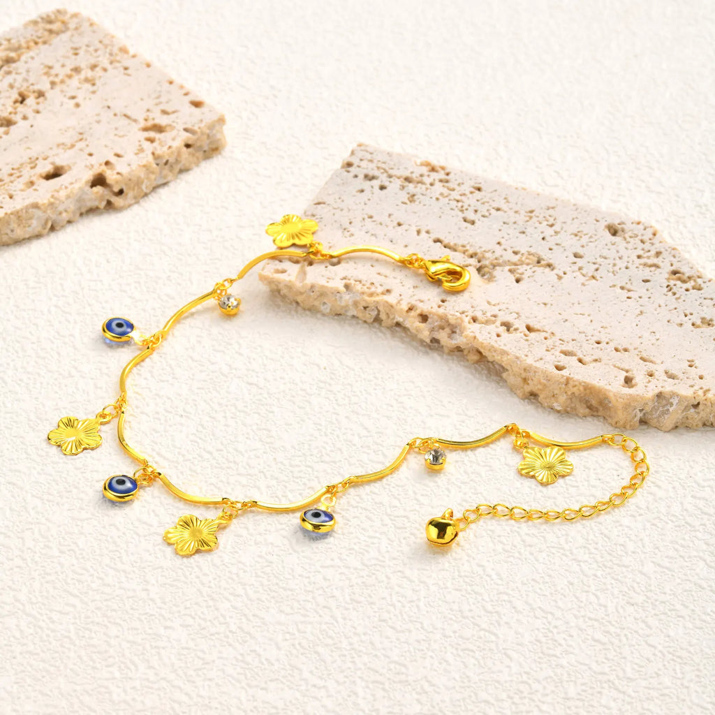 Bohemian Evil Eye Anklet – Gold Copper Flower Leaf Charm Fashion Anklet SPOT