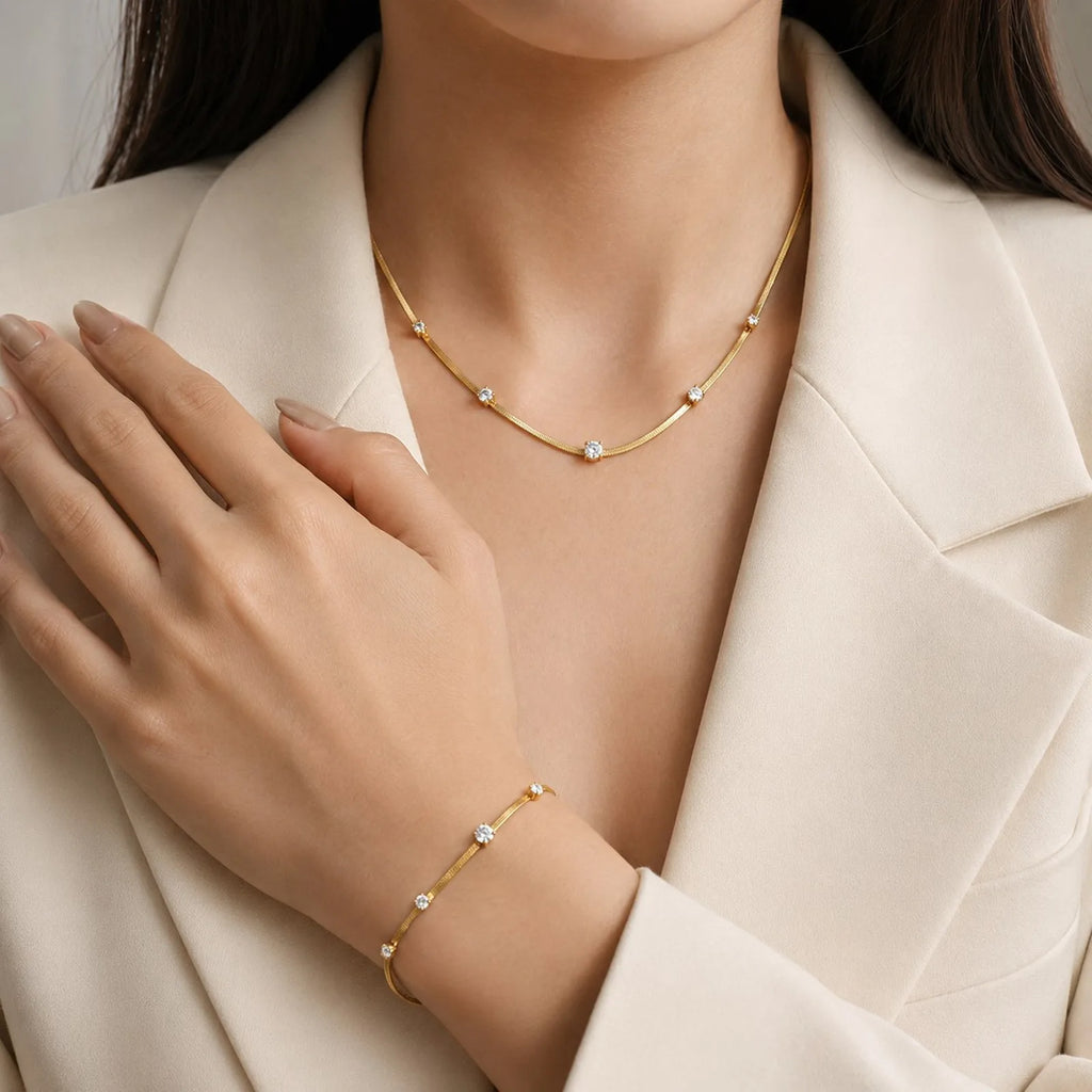 CZ Station Necklace – 18K Gold Plated Snake Chain for Women CZ Station Necklace SPOT