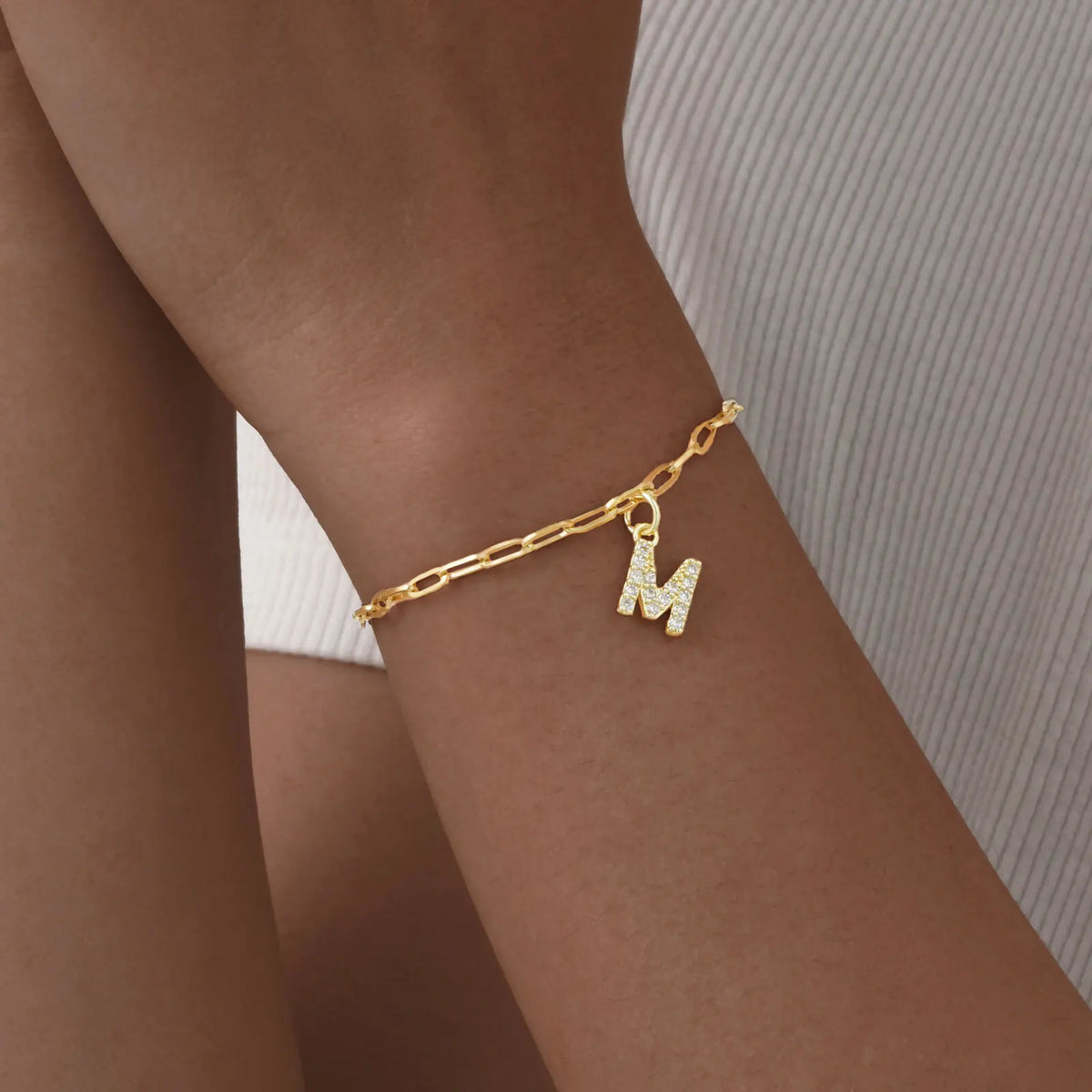 Cubic Zirconia Initial Bracelet – Paperclip Link, 26 Letters Initial Charm Bracelet SPOT