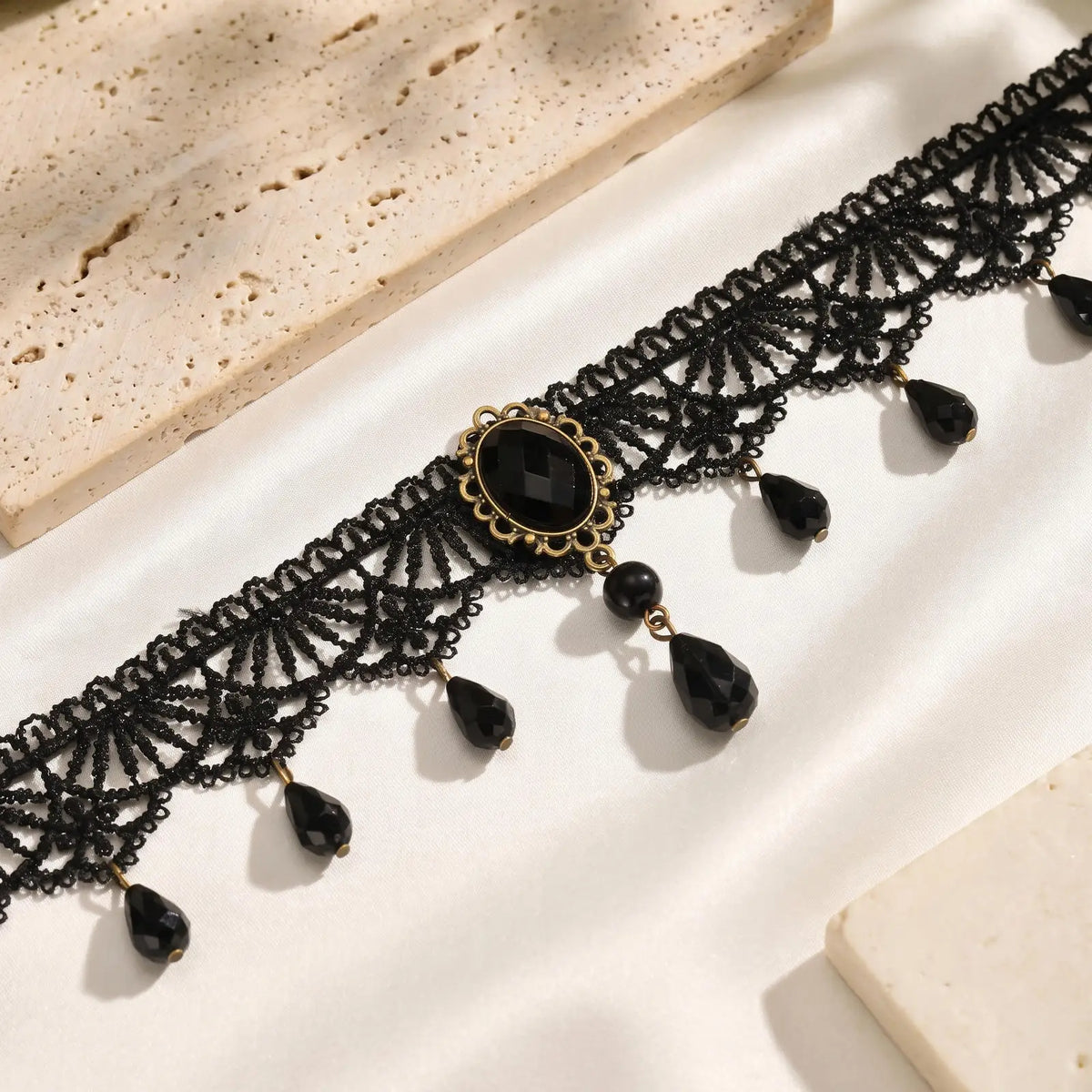 Gothic Black Lace Choker – Teardrop Bead Vintage Collar Necklace Gothic Choker Necklace SPOT