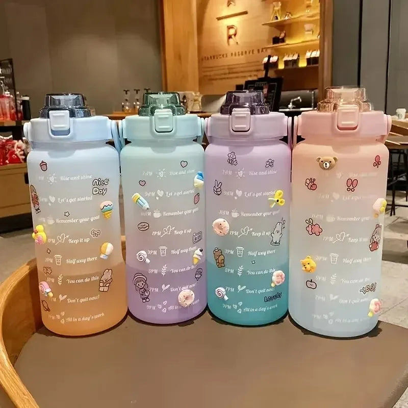 2L Frosted Water Bottle with Straw, Time Marker & Stickers Water Bottle SPOT