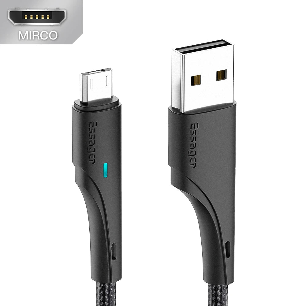 Essager Micro USB Fast Charging Cable – LED Braided 2.4A USB Charging Cable SPOT Black 1m China Mainland