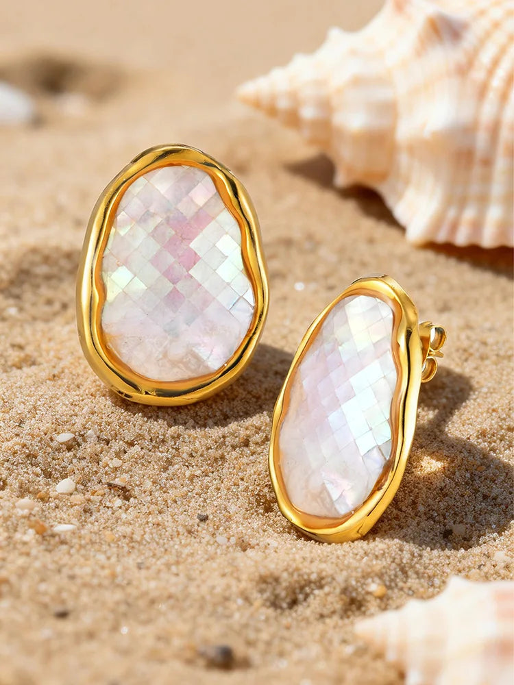 Mother of Pearl Gold Stud Earrings – Geometric Shell, Tarnish-Free Stud Earrings SPOT