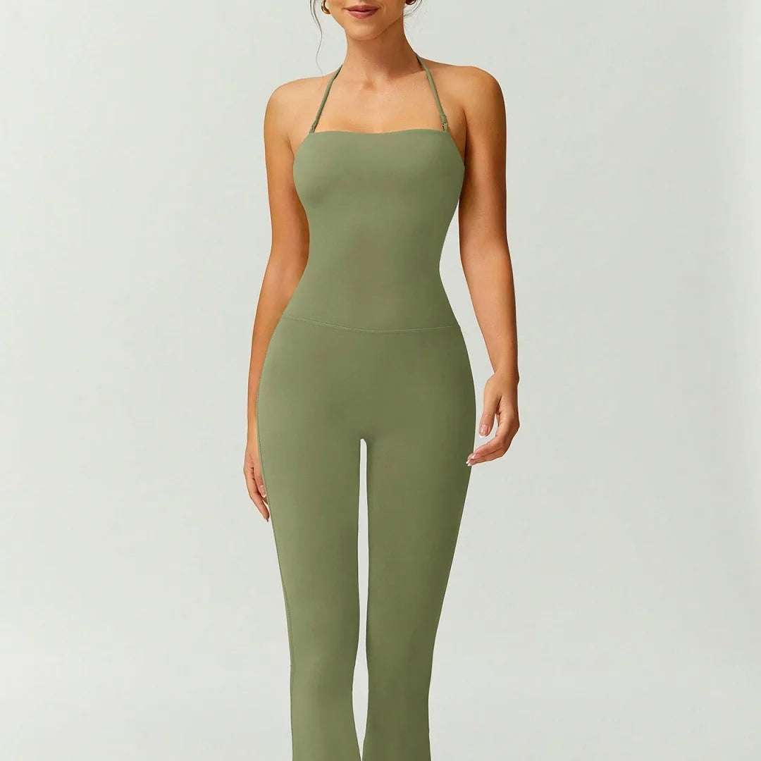 Women's Backless Flared Yoga Jumpsuit – Slim Fit Sportswear Yoga Jumpsuit SPOT L Army Green