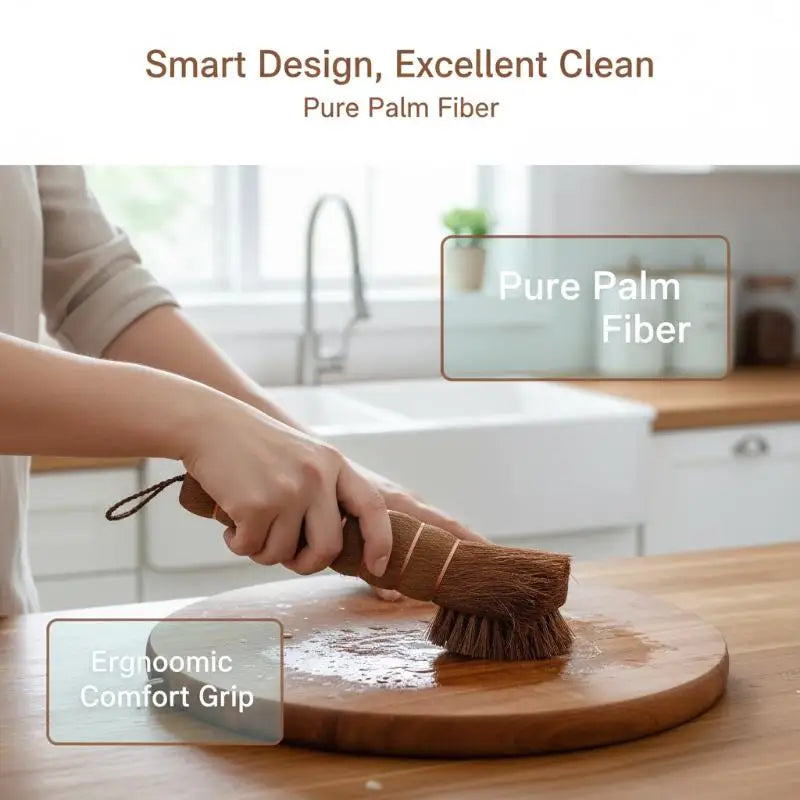 Long Handle Palm Pot Brush – Natural Wok & Pan Cleaner Kitchen Cleaning Brush SPOT