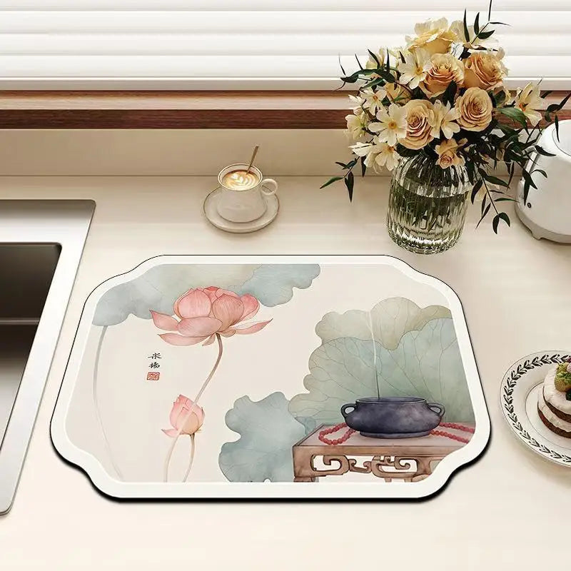 Vintage Bird Floral Kitchen Drying Mat – Absorbent Non-Slip Kitchen Drying Mat SPOT A5 M