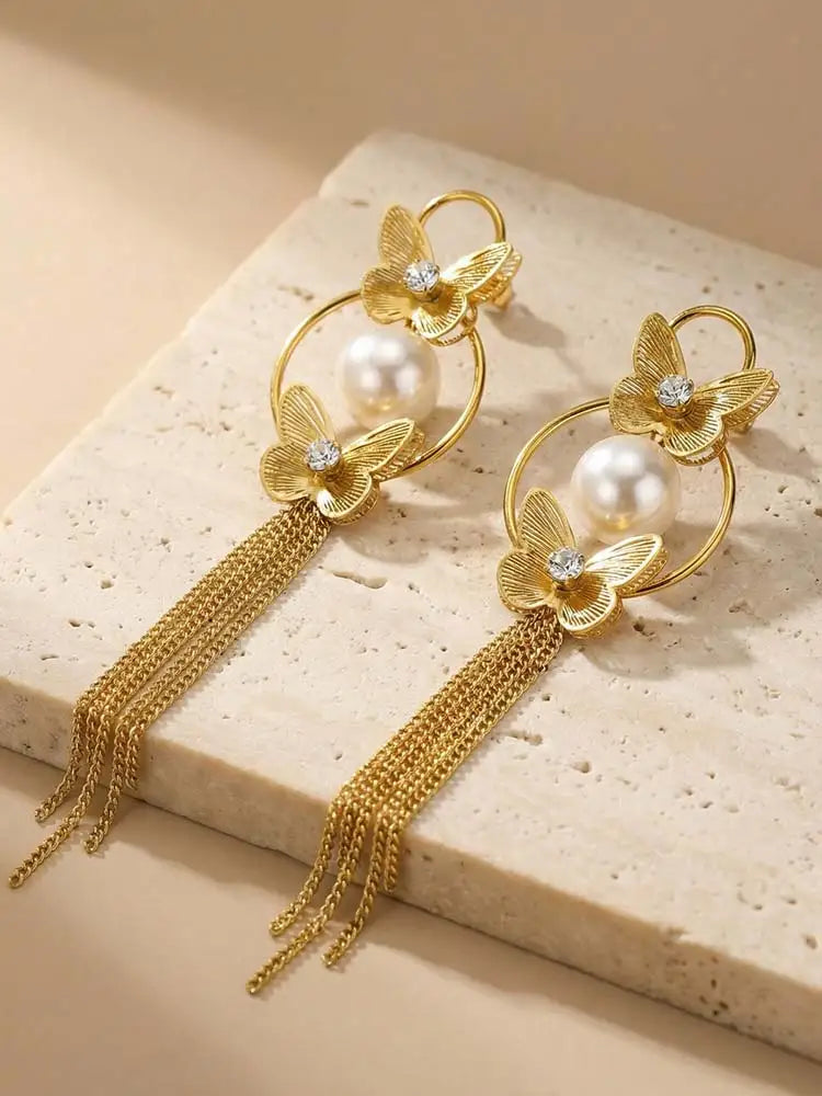 Vintage Gold Butterfly Tassel Earrings – 18K Gold Plated Dangle Drop Earrings SPOT