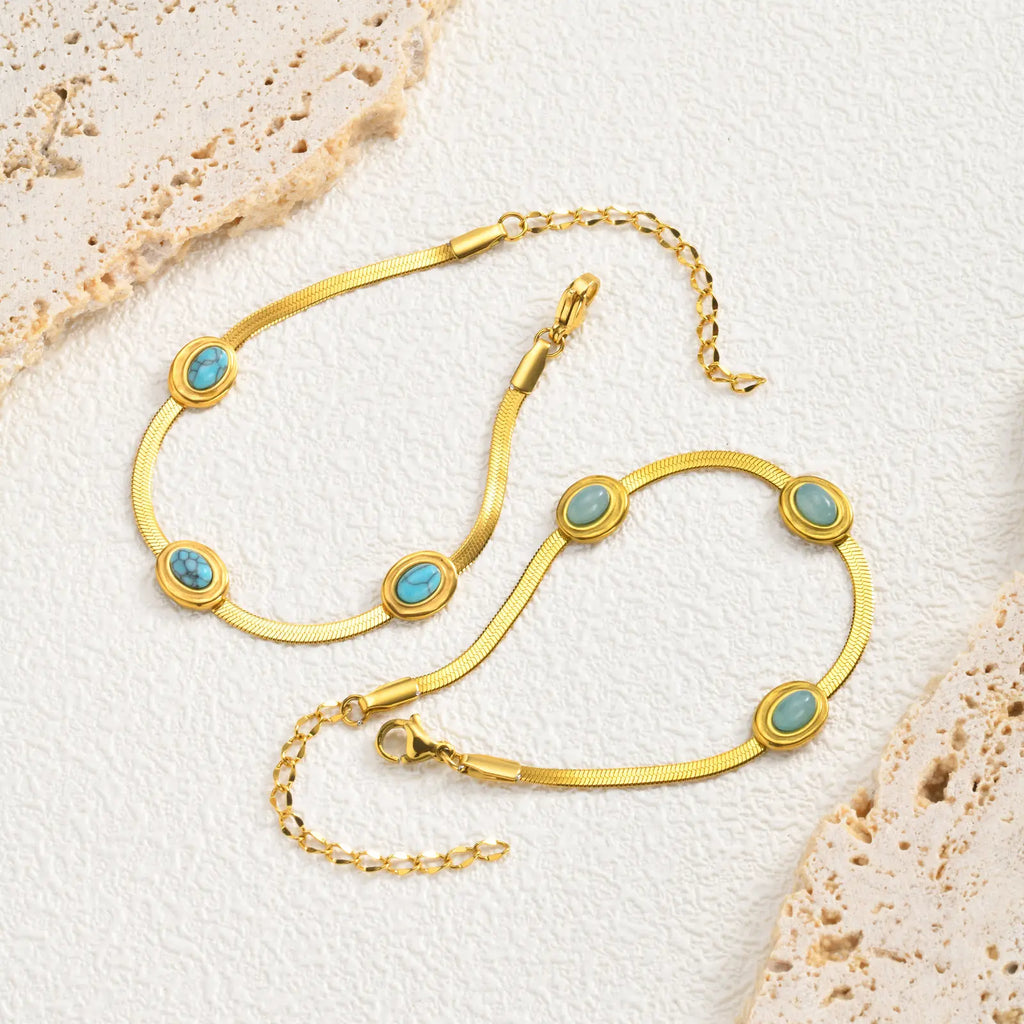 Herringbone Bracelet – Stainless Steel & Natural Turquoise Fashion Bracelet SPOT