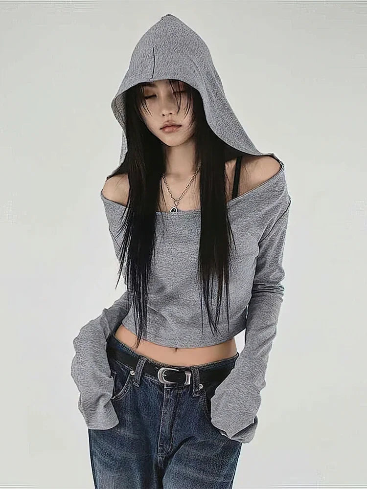 Women's Y2K Cropped Hoodie Top – Off-Shoulder Long Sleeve Tee Cropped Hoodie Top SPOT