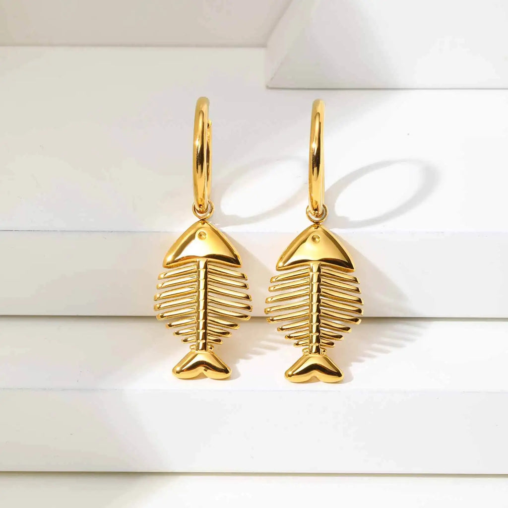 Asymmetric Fish Bone Dangle Earrings – Gold Stainless Steel Dangle Earrings SPOT