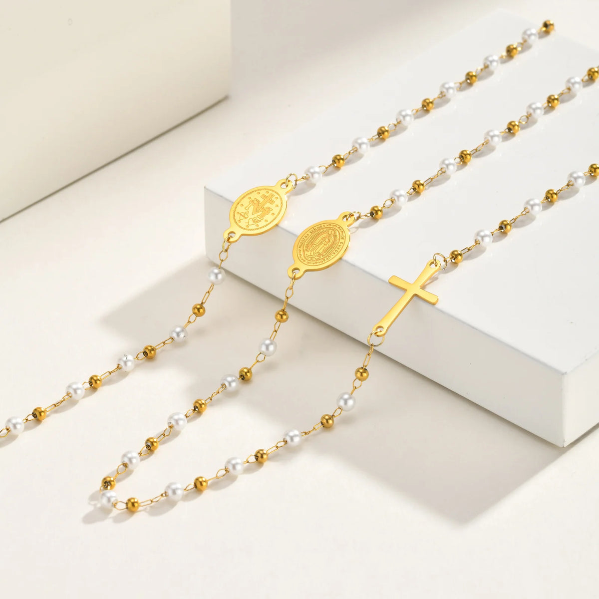 Virgin Mary Cross Necklace – 18K Gold Rosary Pearl Chain Religious Necklace SPOT