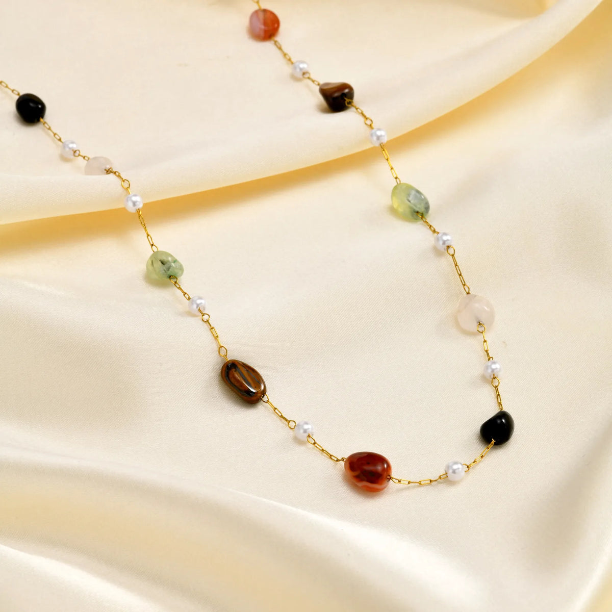 Natural Stone Beaded Station Necklace – Stainless Steel Chain Beaded Stone Necklace SPOT