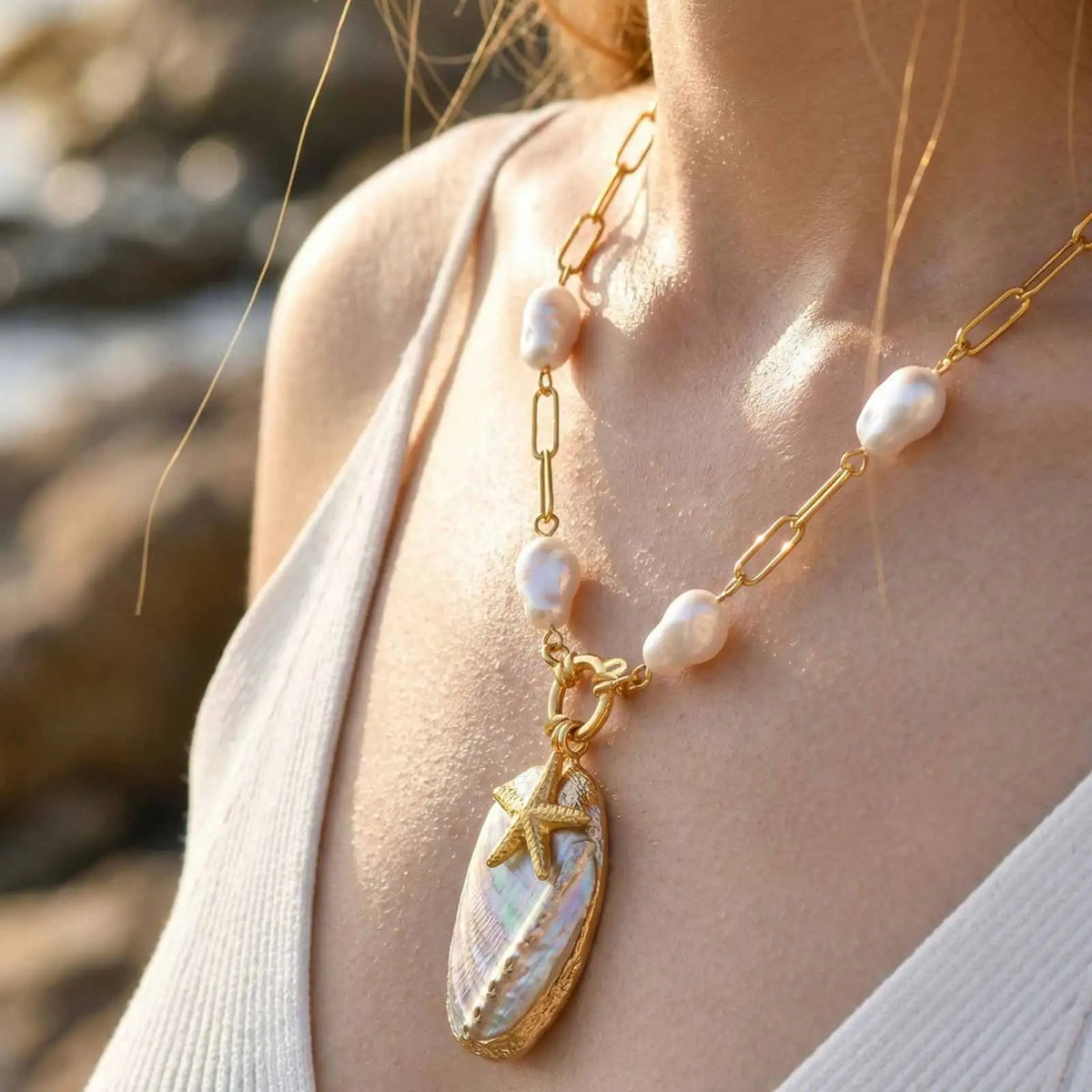 Baroque Pearl Starfish Pendant Necklace – Stainless Steel Chain Pendant Necklace SPOT