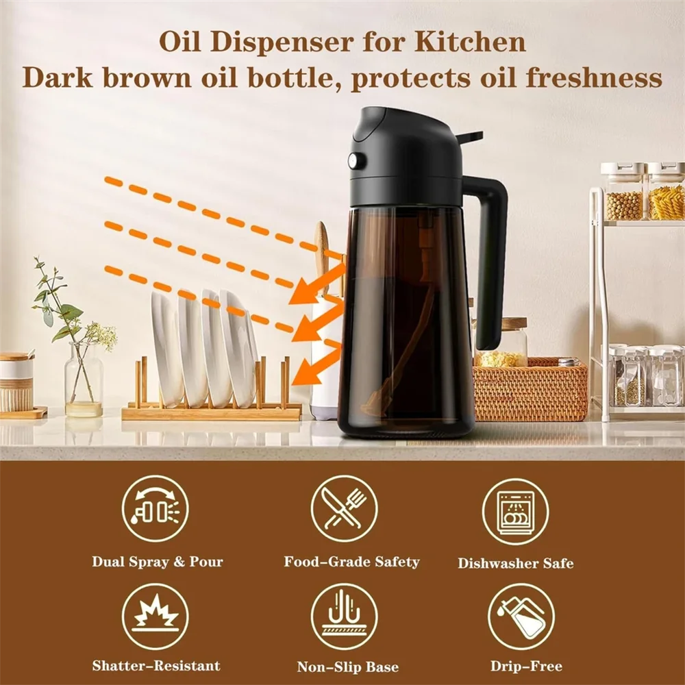 2-in-1 Glass Oil Sprayer & Dispenser – 16oz Leakproof Olive Oil Bottle Oil Sprayer Dispenser SPOT