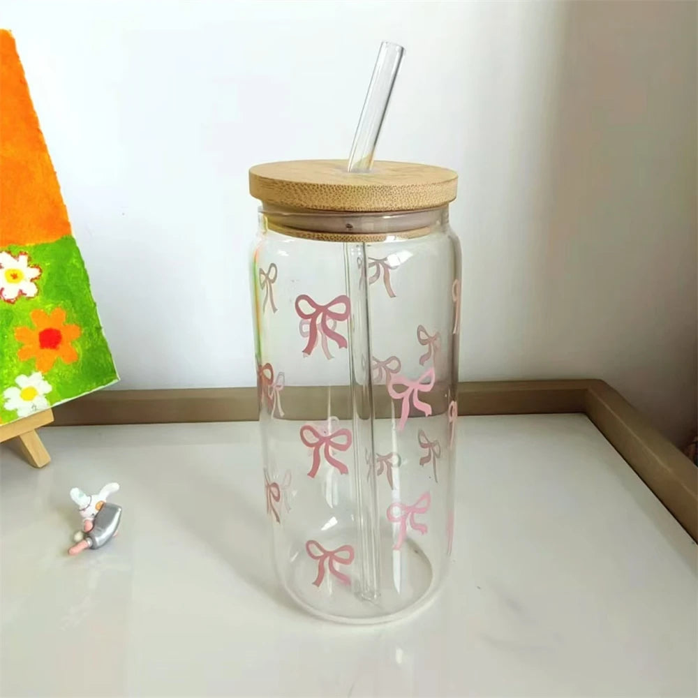 Pink Bow Glass Tumbler 18oz with Lid & Straw | Cute Cup Glass Tumbler Cup SPOT
