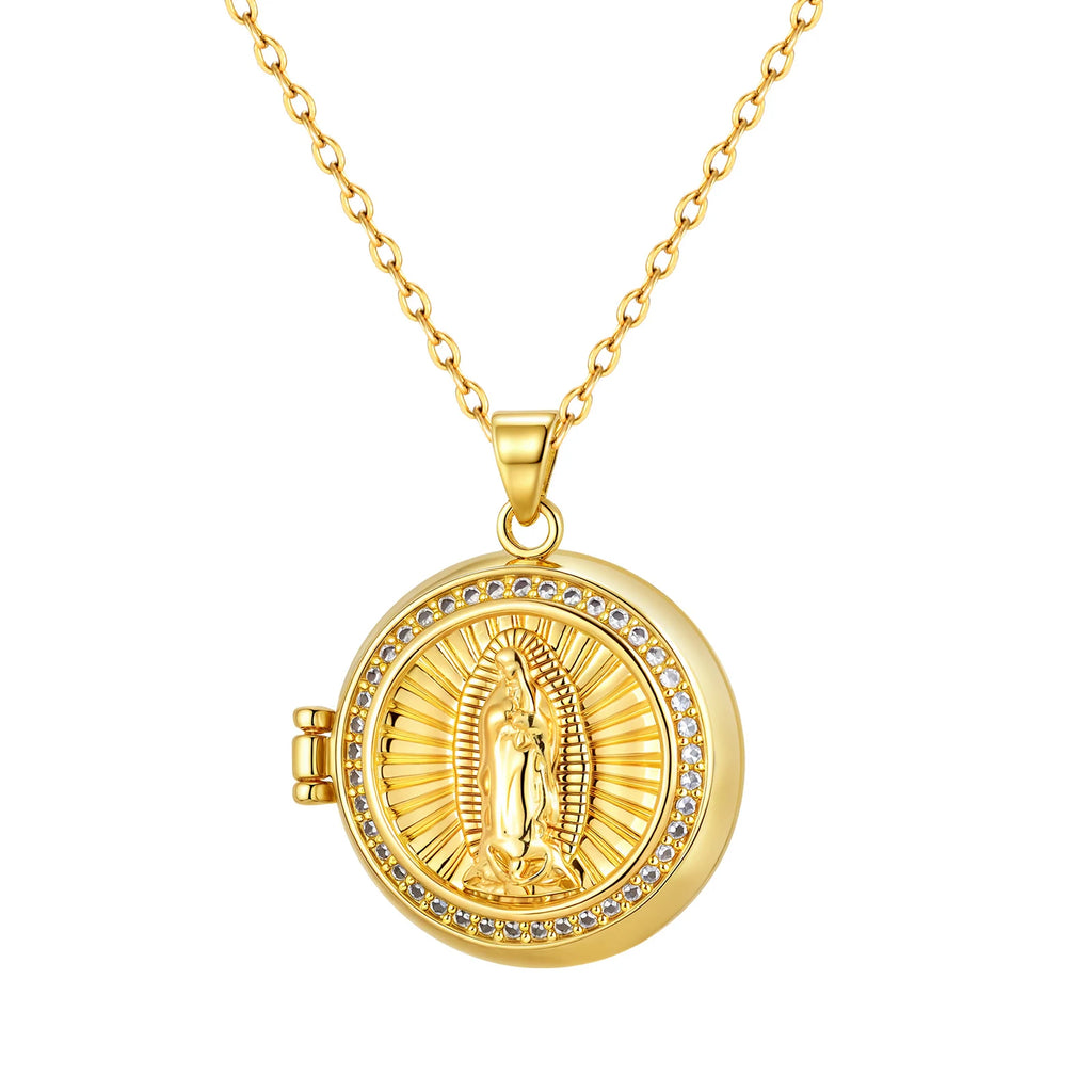 Round Zircon Virgin Mary Pendant Necklace – Gold Adjustable Chain Pendant Necklace SPOT PNB-382G 45cm-50cm