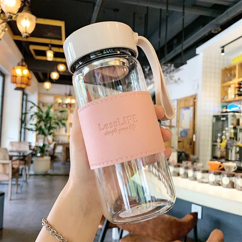 Japanese Glass Water Bottle 480ml – Tea Infuser & Sleeve Glass Water Bottle SPOT Pink 480ml