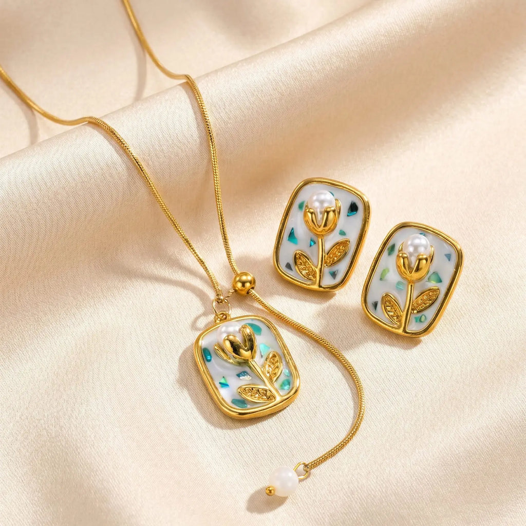 Tulip Pearl Jewelry Set – Gold Plated Necklace & Earrings Pearl Jewelry Set SPOT