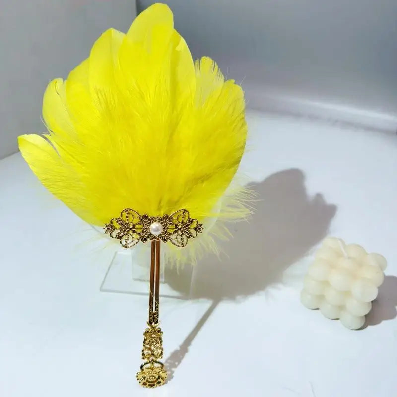 Vintage Fluffy Feather Fan Gold Handle – Stage, Party & Cosplay Decorative Feather Fan SPOT