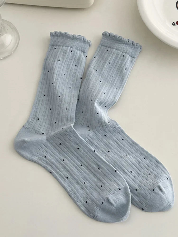Women's Polka Dot Cotton Crew Socks – Kawaii Harajuku Style Women's Crew Socks SPOT Blue 35-39