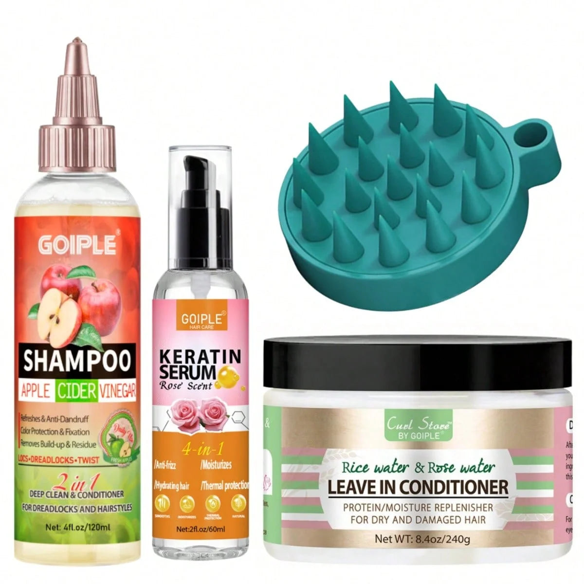 Goiple Hair Care Set: ACV Shampoo, Keratin Serum & Rice Water Hair Care Set SPOT 120-60rose-240g-4pcs