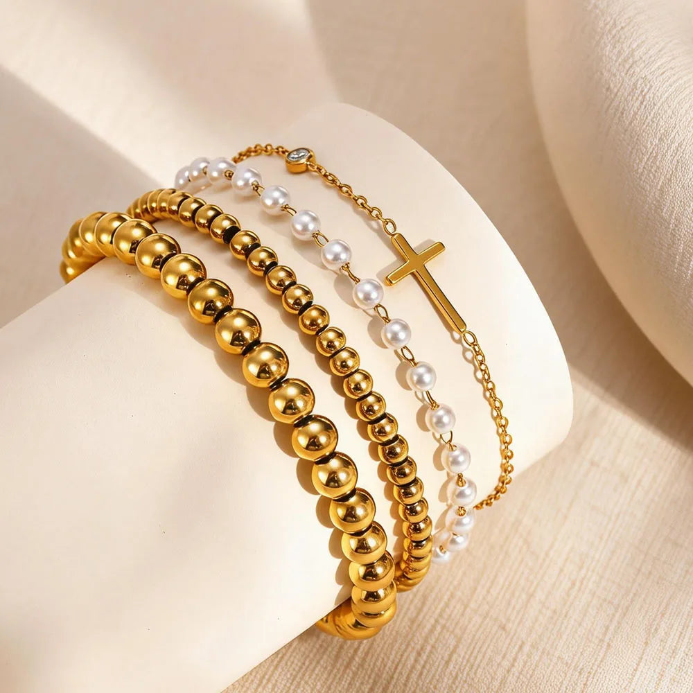 Women's Gold Beaded Ball Bracelet – Stackable Stainless Steel Beaded Bracelet SPOT