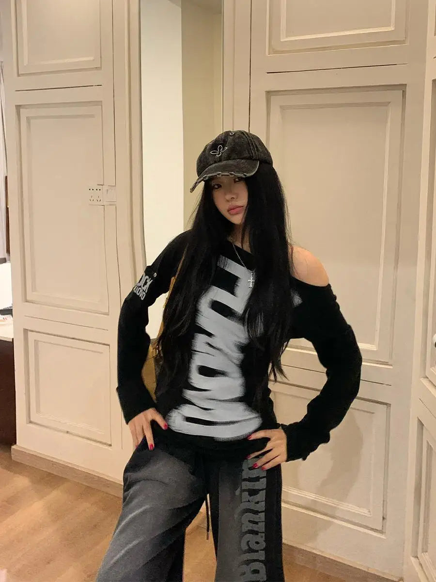 Women's Y2K Retro Graphic Long Sleeve Button Top | Grunge E-Girl Graphic Long Sleeve Top SPOT black M