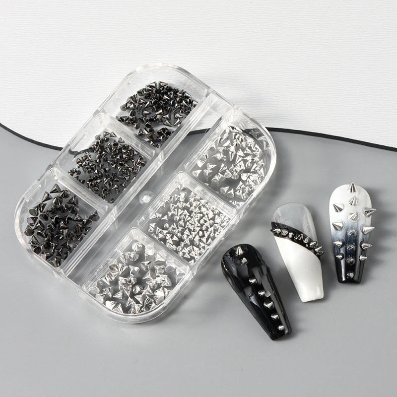 Y2K Punk Metal Rivet Nail Charms – 6-Grid Black & Silver Studs Nail Art Charms SPOT