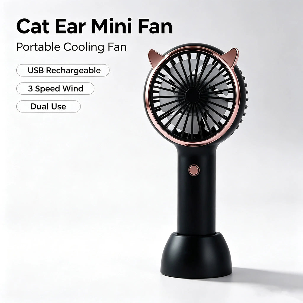 Cat Ear Mini Handheld Desk Fan – USB Rechargeable, LED Light Handheld Desk Fan SPOT