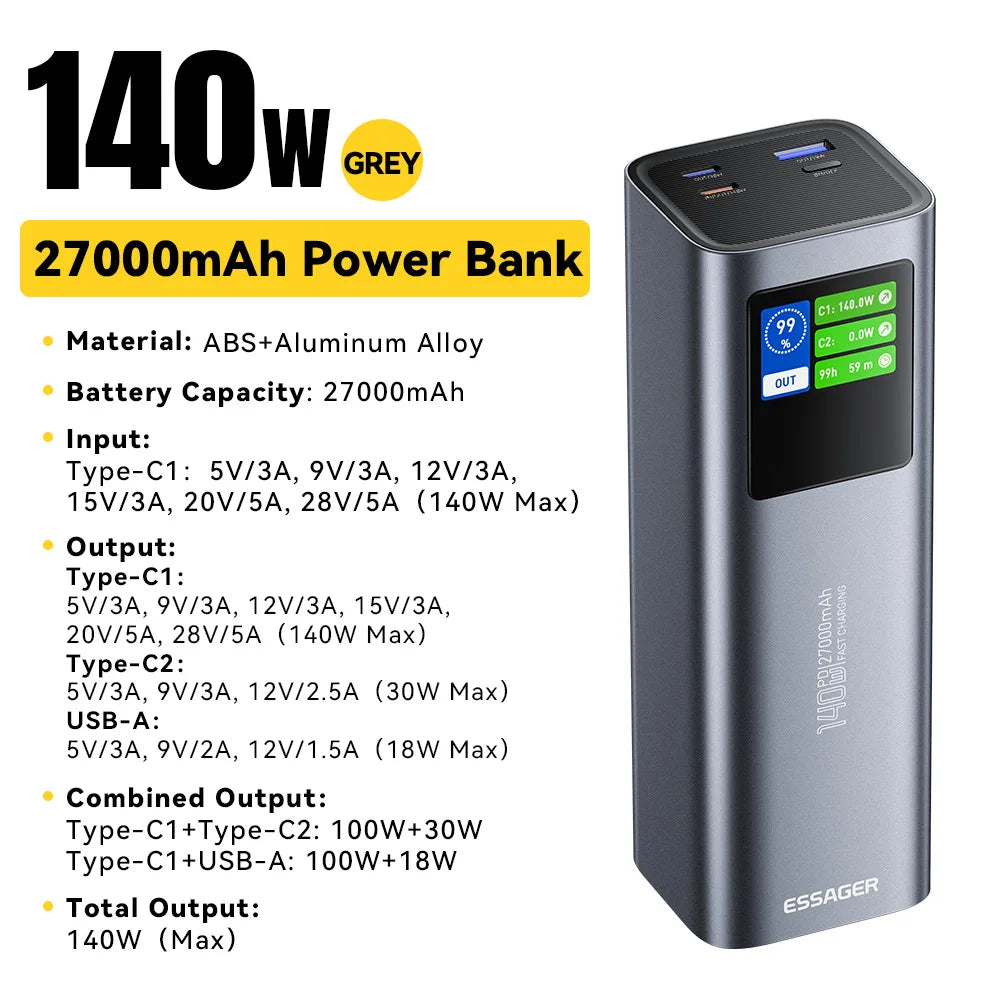 ESSAGER 140W 27000mAh Power Bank PD3.1 Fast Charging Display Portable Power Bank SPOT 140W 27000mAh Grey 25001mAh-29999mAh