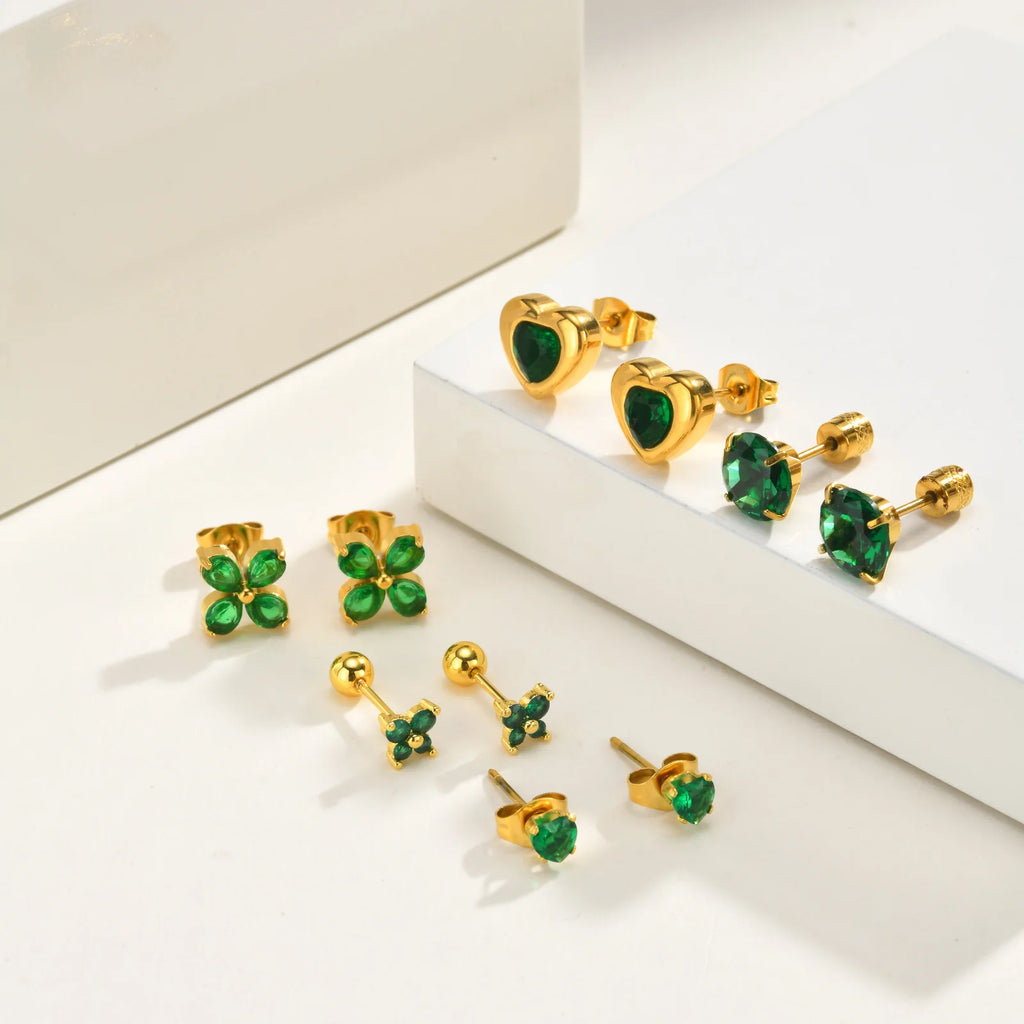 Emerald Green Zircon Heart Stud Earrings – 18K Gold Plated Steel Zirconia Stud Earrings SPOT
