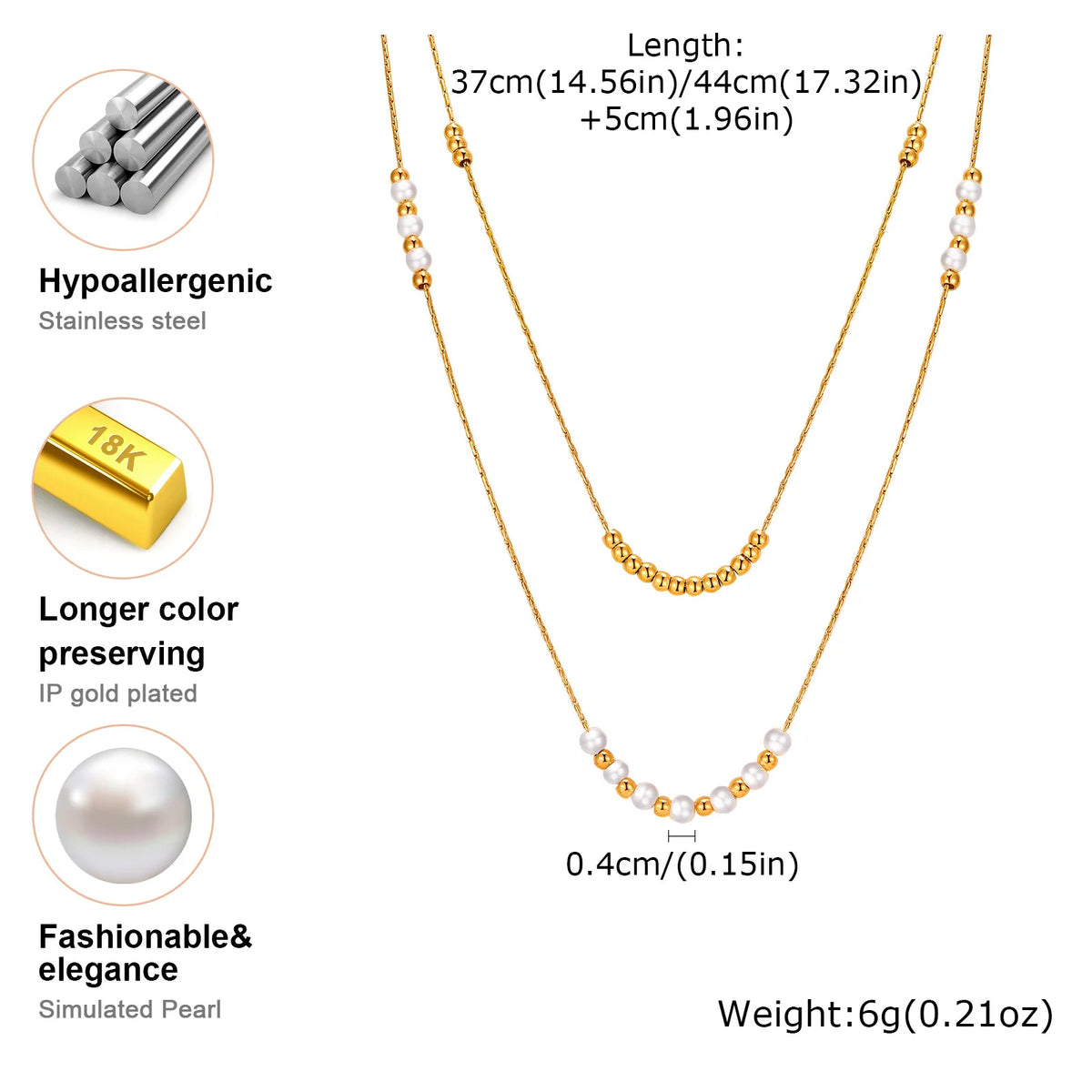 Beaded Stackable Pearl Chain Necklace – Gold Stainless Steel Stackable Chain Necklace SPOT