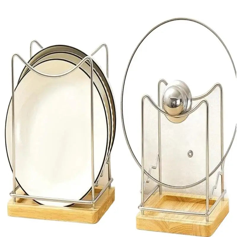 Stainless Steel Pot Lid Organizer with Wooden Drip Tray Kitchen Lid Organizer SPOT