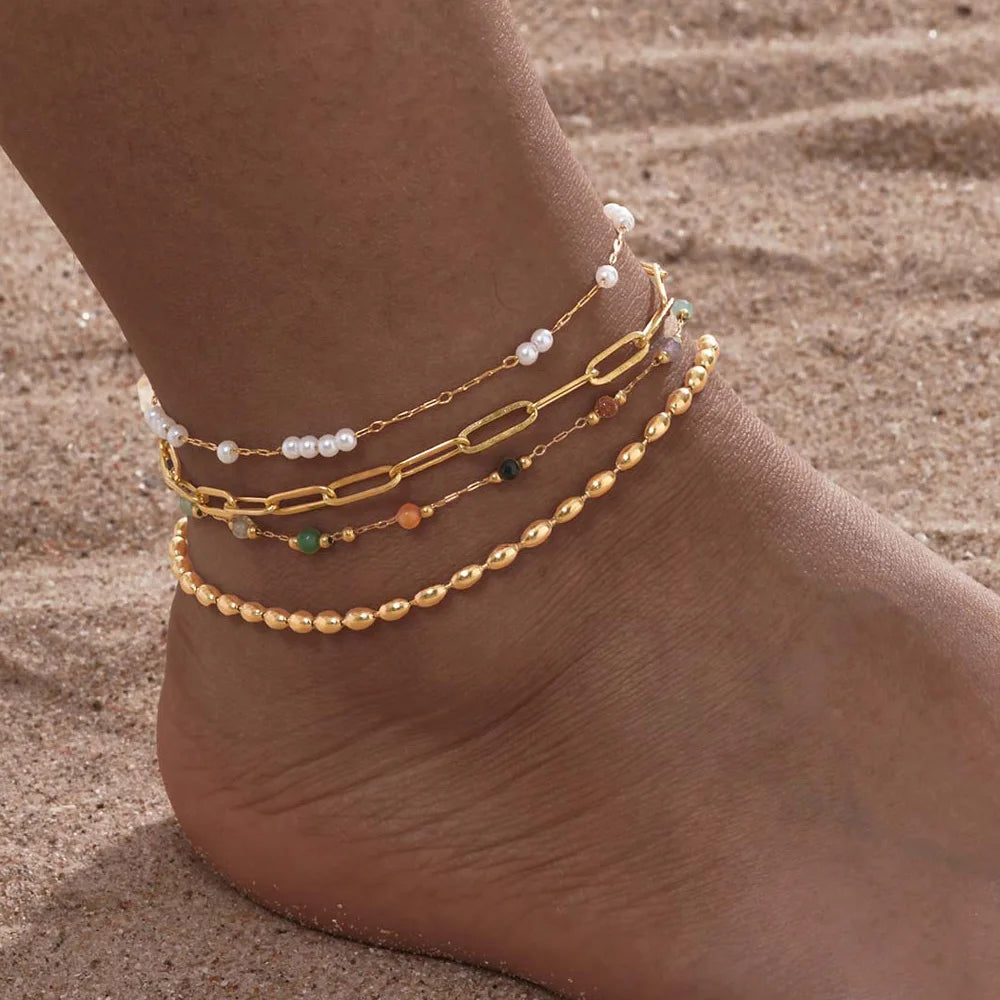 18K Gold Pearl Anklet | Adjustable Stainless Steel Foot Chain Pearl Anklet SPOT