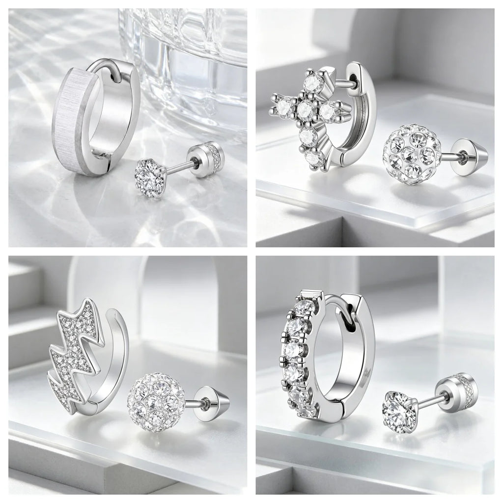 Silver CZ Stud Earrings – Cubic Zirconia Stackable Set 2 Pairs CZ Stud Earrings SPOT