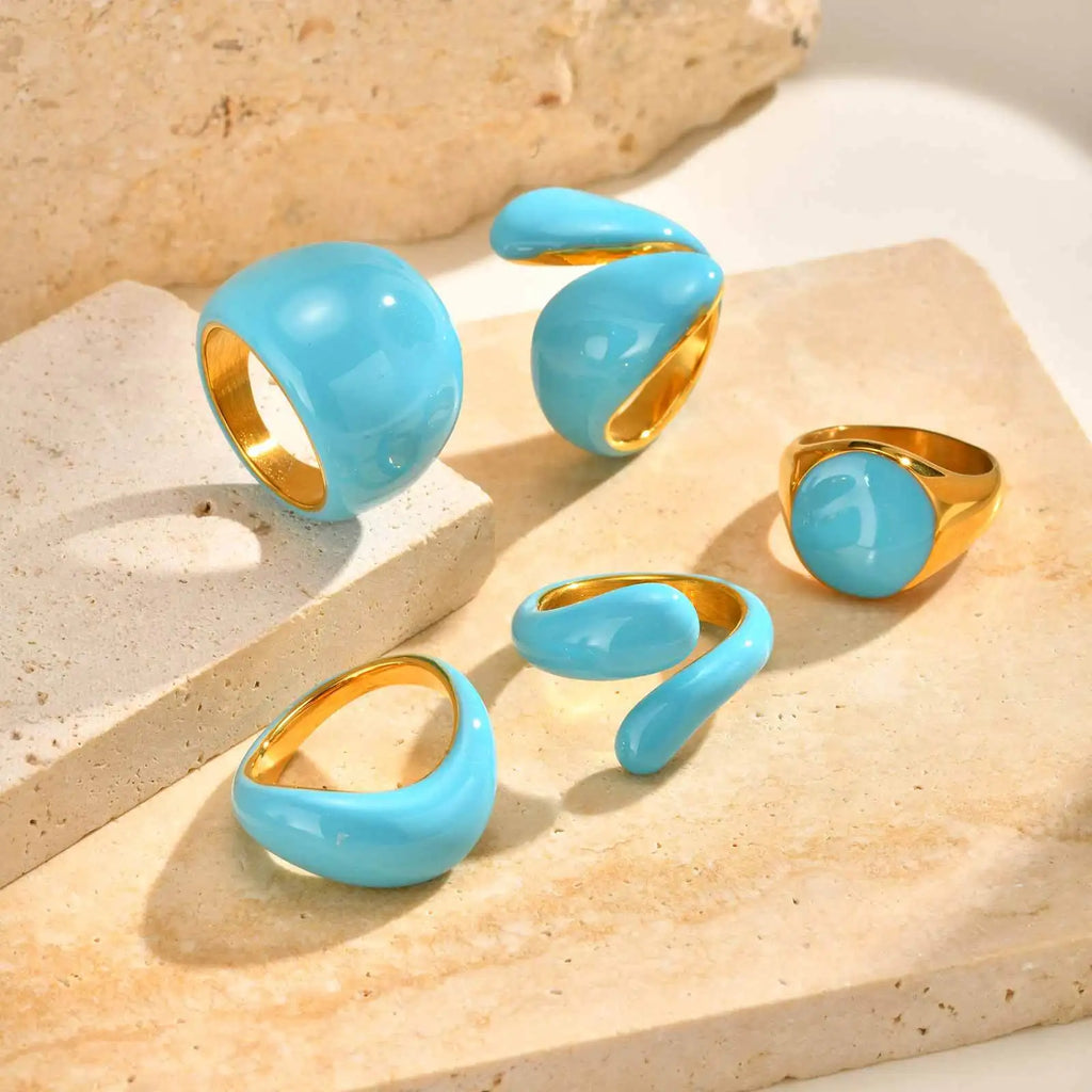 Chunky Blue Enamel Stackable Statement Ring – Waterproof Statement Ring SPOT