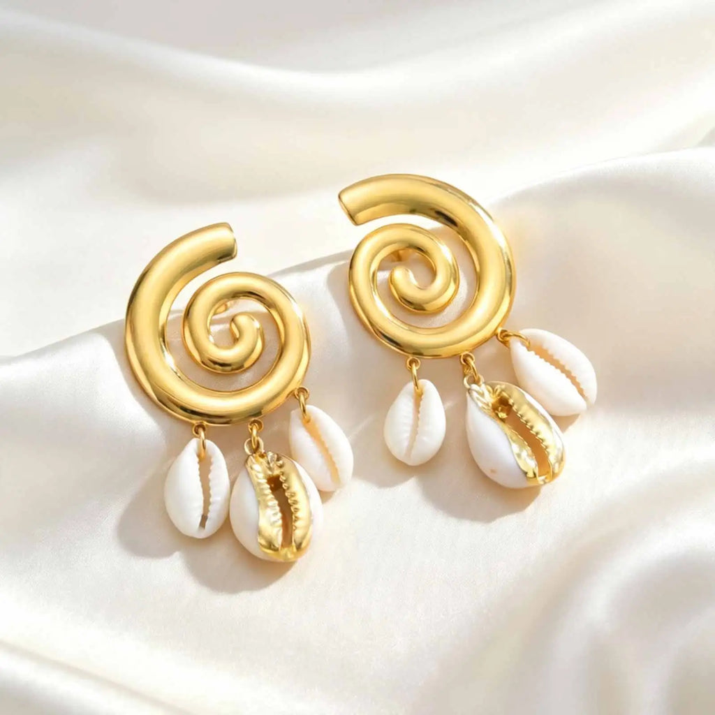 Gold Geometric Cowrie Shell Drop Earrings – Stainless Steel Shell Drop Earrings SPOT