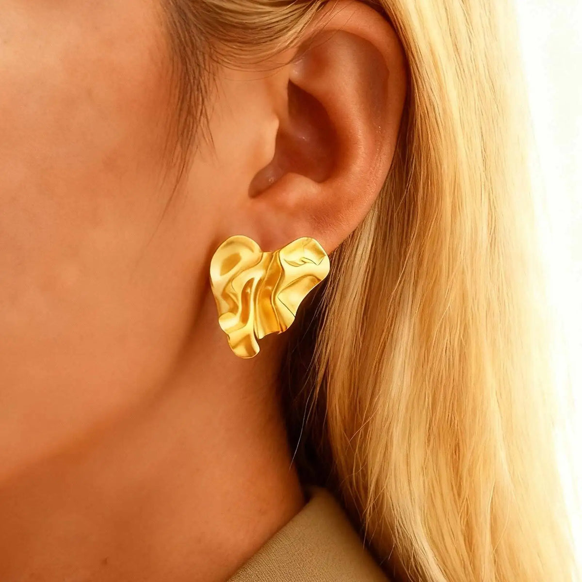 Textured Heart Gold Stud Earrings – Geometric, Non-Fading Stud Earrings SPOT