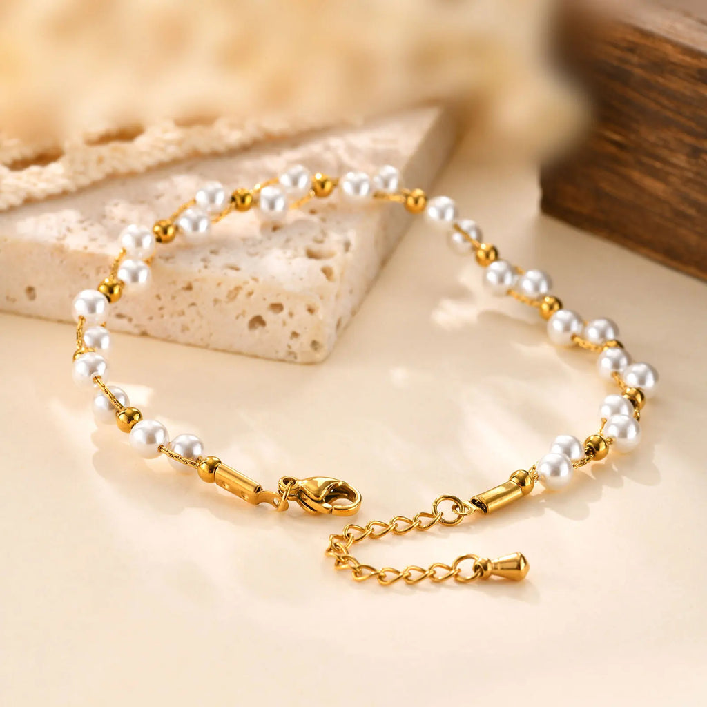 Pearl Bracelet 18K Gold Plated Adjustable – Gift for Women Pearl Chain Bracelet SPOT