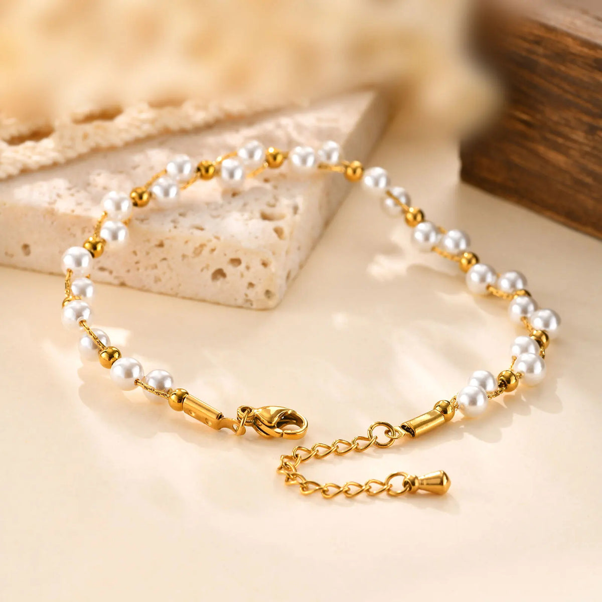 Pearl Bracelet 18K Gold Plated Adjustable – Gift for Women Pearl Chain Bracelet SPOT