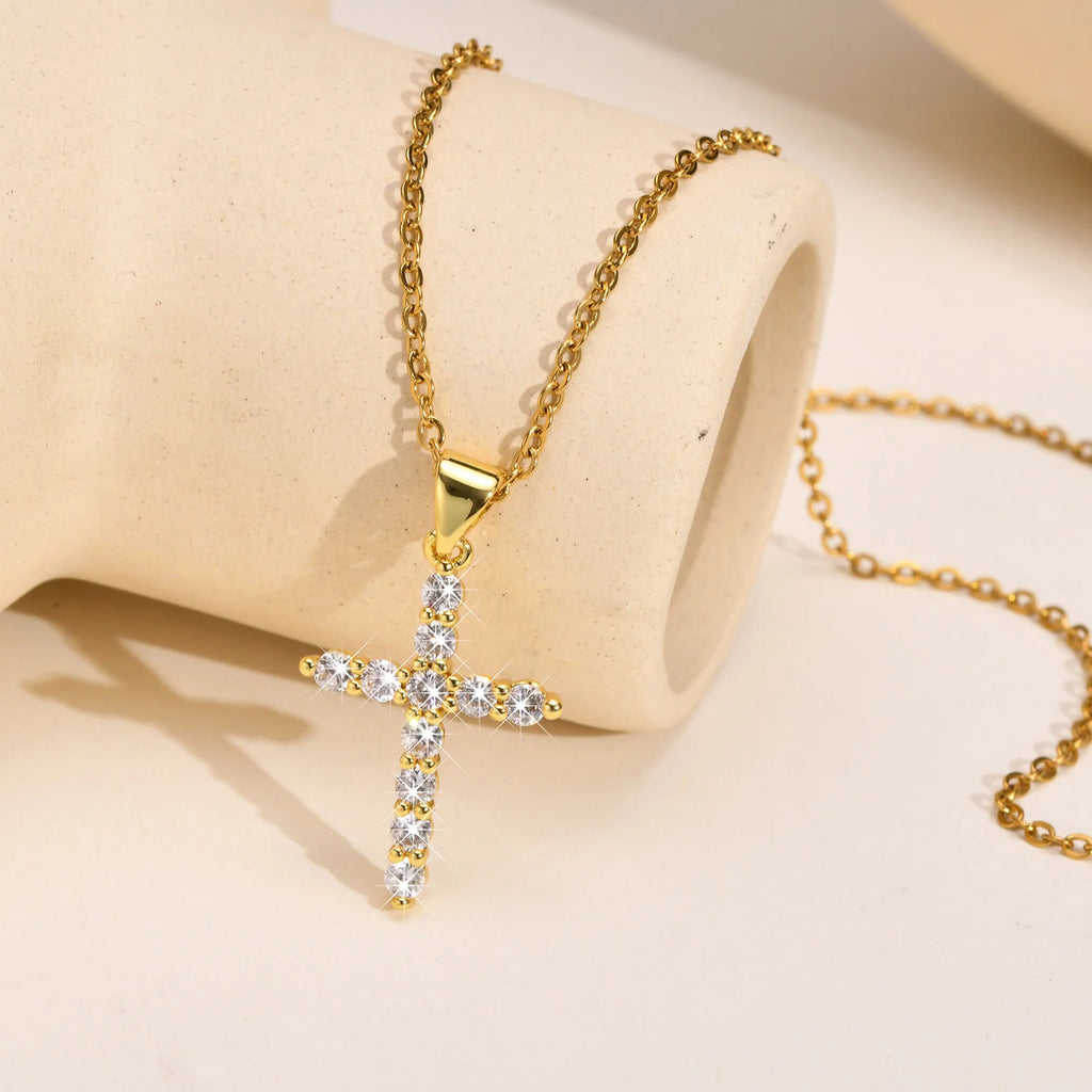 Cubic Zirconia Cross Pendant Necklace – Gold, Women Pendant Necklace SPOT