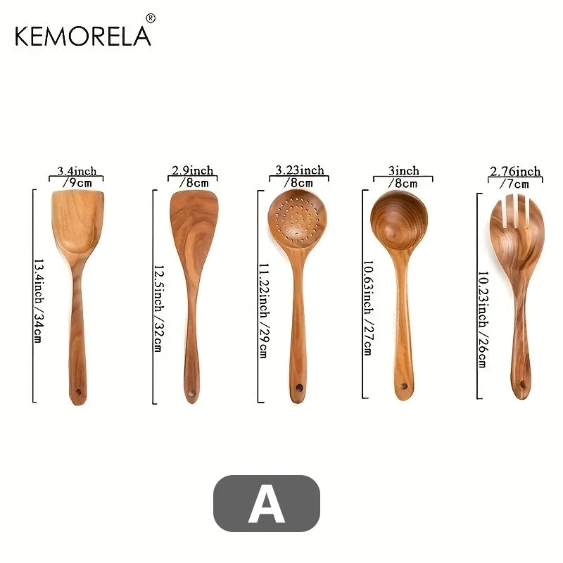 5-Piece Teak Wood Kitchen Utensil Set – Ladle, Turner & More Wooden Utensil Set SPOT A