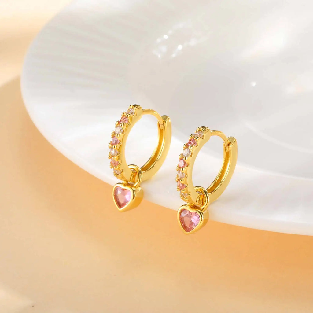 Women's Huggie Hoop Earrings – Heart CZ Dangle, Gold Plated Huggie Hoop Earrings SPOT