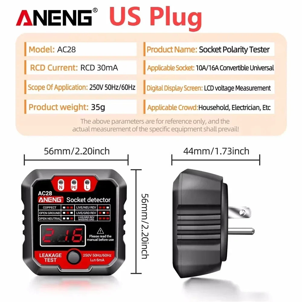 ANENG AC28 Socket Tester – LCD Polarity & Voltage Detector Socket Polarity Tester SPOT US Plug(Black)