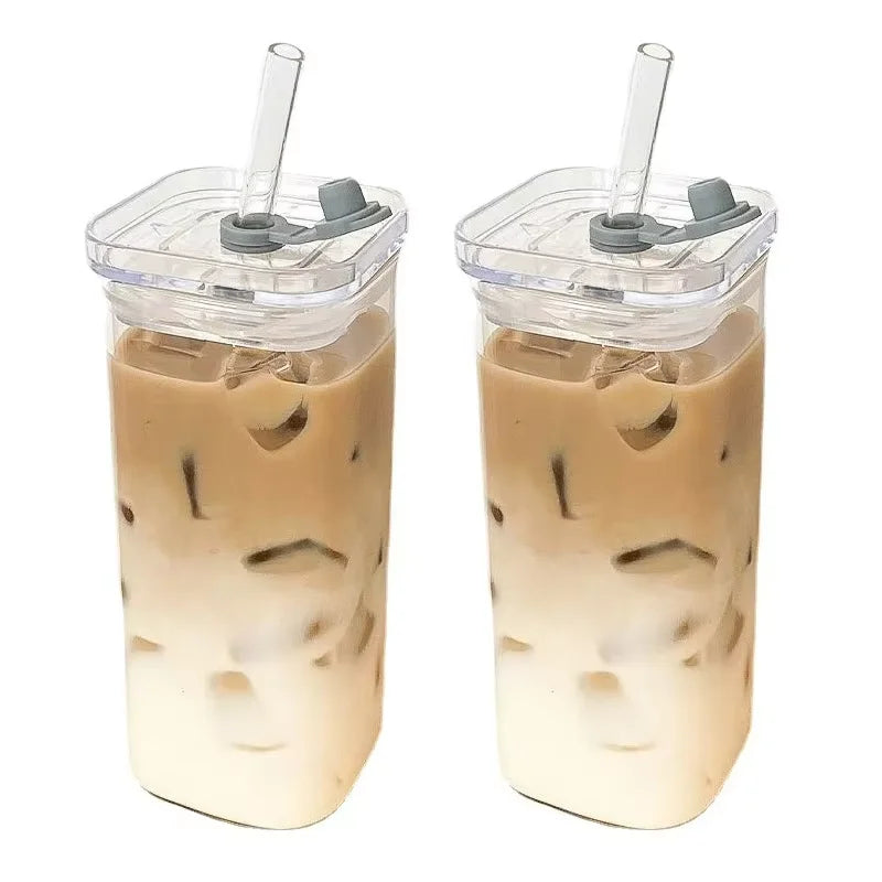 Square Glass Cup with Lid & Straw – 400ml Heat-Resistant Mug Glass Coffee Mug SPOT 2pcs clear 400ml
