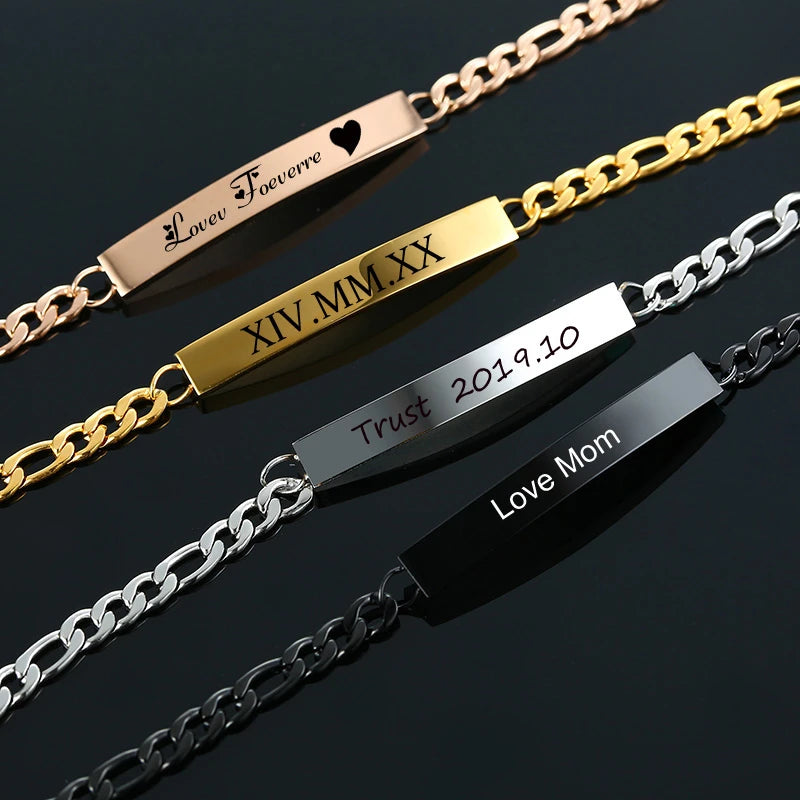 Custom Engraved Figaro Link ID Bracelet – Stainless Steel ID Bar Bracelet SPOT