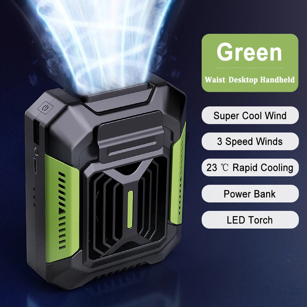 Portable Waist Clip Fan USB Rechargeable – Power Bank & LED Portable Clip Fan SPOT Green