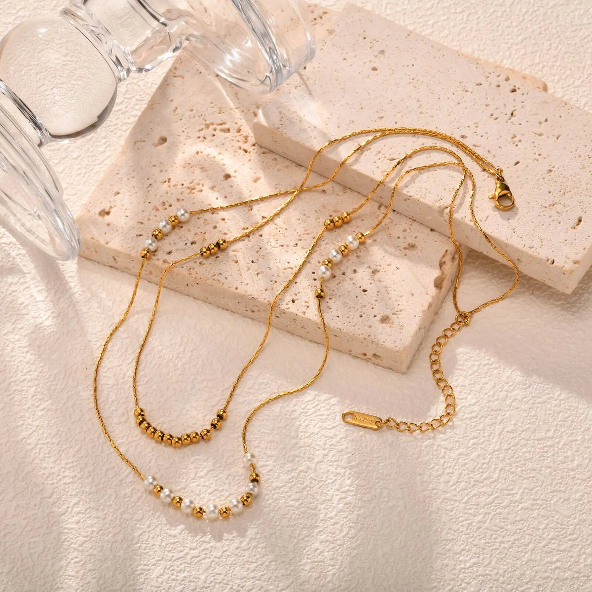 Beaded Stackable Pearl Chain Necklace – Gold Stainless Steel Stackable Chain Necklace SPOT