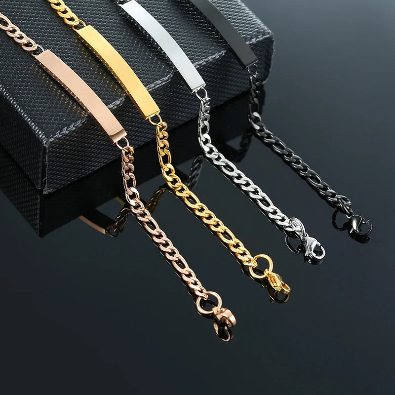 Custom Engraved Figaro Link ID Bracelet – Stainless Steel ID Bar Bracelet SPOT